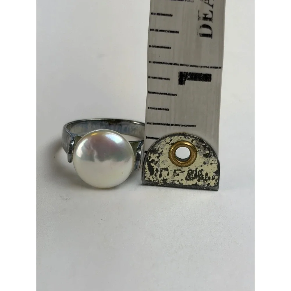 LUC Pearl Ring Sz 8.5 Silver 925 Sterling Iridescent Modernist Solitaire Lucoral